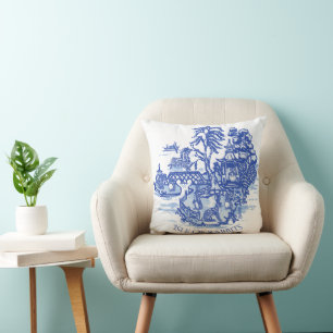 Blue Willow Rabbit Island White Whimsical Toile Cushion