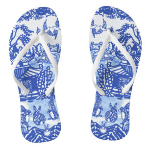 Blue Willow Rabbit Oriental Garden Whimsical Bunny Thongs