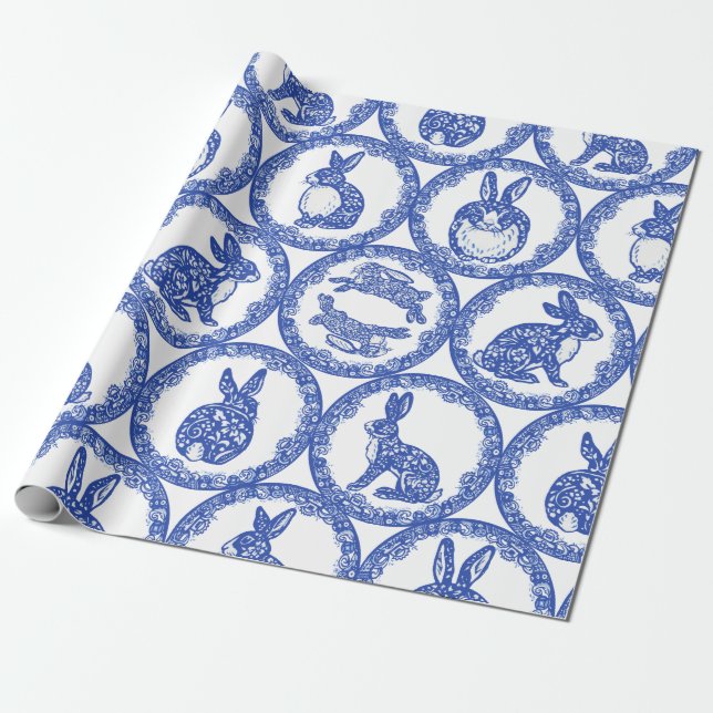 Blue Willow Rabbit Whimsical Isle of Rabbits Wrapping Paper (Unrolled)
