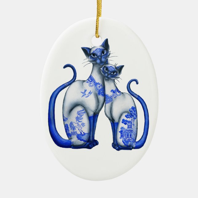 Blue Willow Siamese Cats Ceramic Tree Decoration (Front)