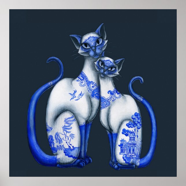 Blue Willow Siamese Cats Poster (Front)