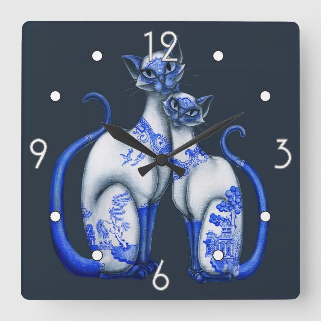 Blue Willow Siamese Cats Wall Clock (Front)