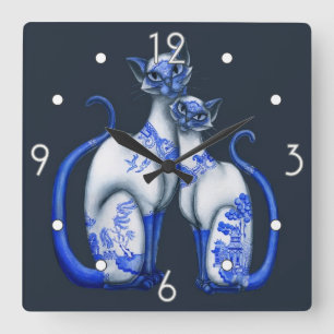 Blue Willow Siamese Cats Wall Clock