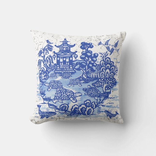 Blue Willow Turtle Tortoise Garden Whimsical Cushion (Front)