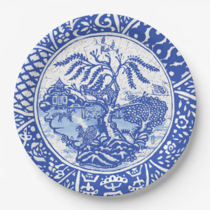 Blue Willow Vintage Crackle Squirrel Fox in Garden Paper Plate