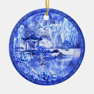 "Blue Willow World" Ceramic Ornament, Original Art Tree Decoration