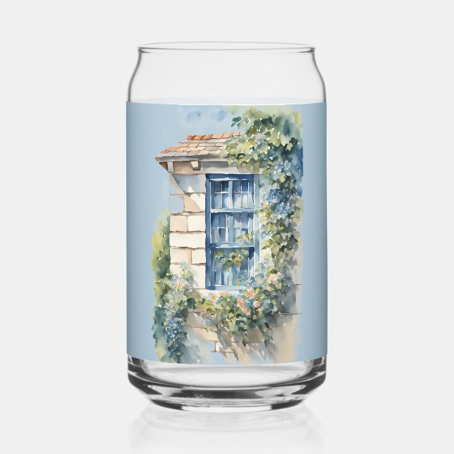 Blue Window Stone Wall Cottage Vines Can Glass (Front)