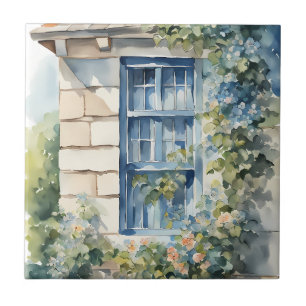 Blue Window Stone Wall Cottage Vines Ceramic Tile