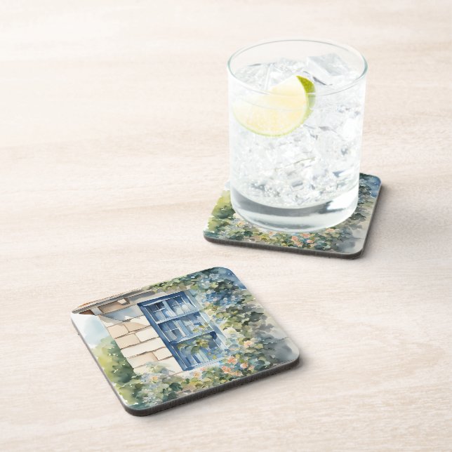 Blue Window Stone Wall Cottage Vines Coaster (Right Side)