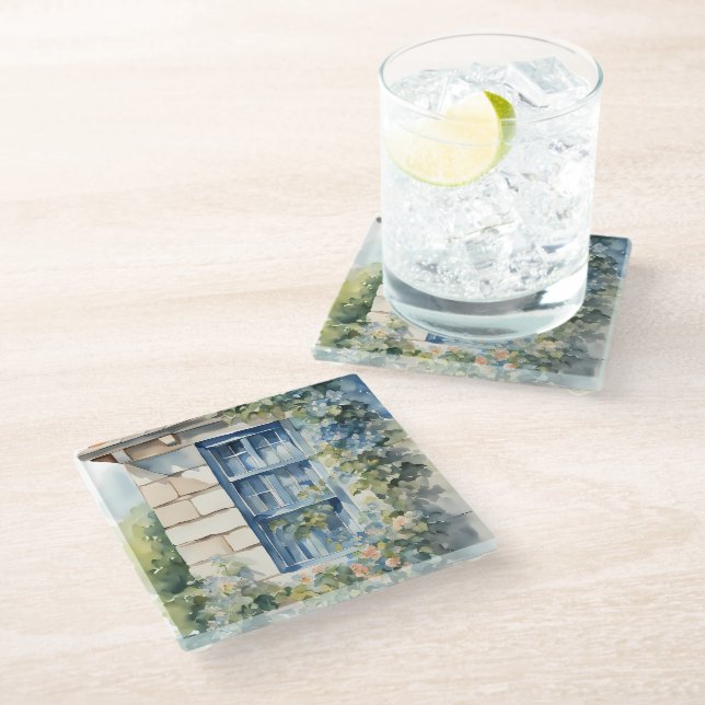 Blue Window Stone Wall Cottage Vines Glass Coaster (Angled)