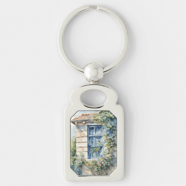 Blue Window Stone Wall Cottage Vines Key Ring (Front)