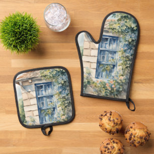 Blue Window Stone Wall Cottage Vines Oven Mitt & Pot Holder Set