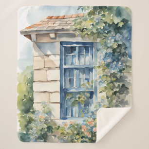 Blue Window Stone Wall Cottage Vines Sherpa Blanket