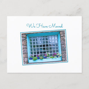 Blue Window We Have Moved Colourful Flower Box Postcard