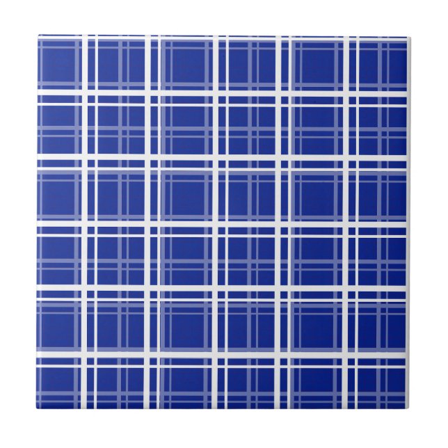 Blue Windowpane Plaid Grid Stripes Pattern Design Ceramic Tile (Front)