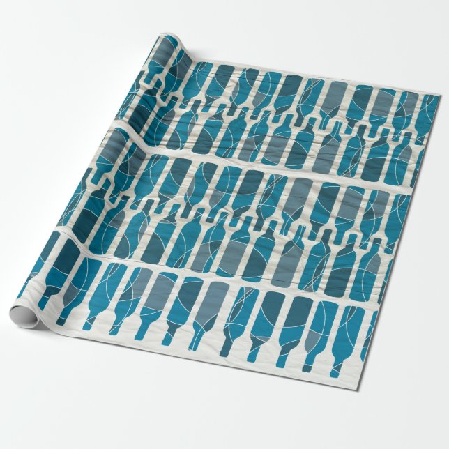 Blue wine bottle pattern wrapping paper (Unrolled)