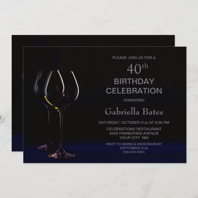 Blue Wine Glass 40th Birthday Party Invitation (Front/Back)