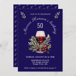 Blue Wine Glass Olive Watercolor 50th Birthday  Invitation