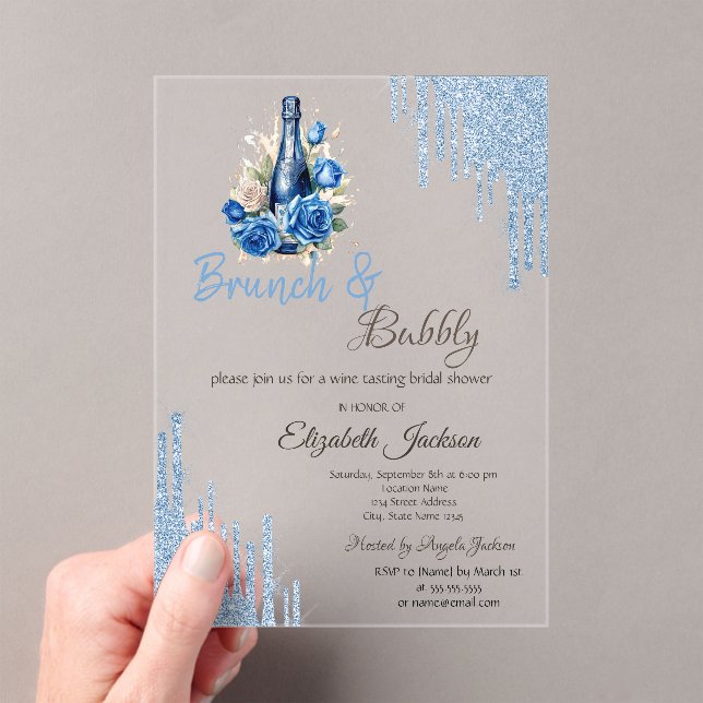 Blue Wine Roses Drips Bridal Shower  Acrylic Invitations (Insitu (Handheld))