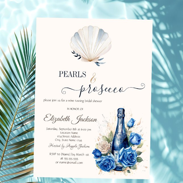 Blue Wine Roses Seashell Pearls & Prosecco  Invitation (Creator Uploaded)