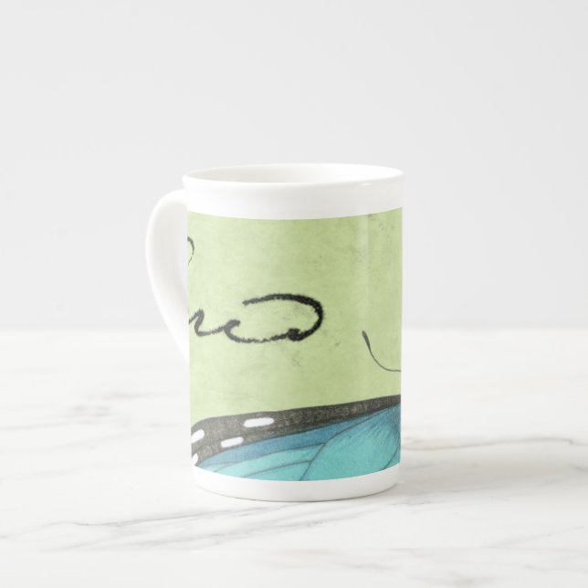 Blue-Winged Butterfly on Teal Postcard Bone China Mug (Front Left)