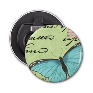 Blue-Winged Butterfly on Teal Postcard Bottle Opener