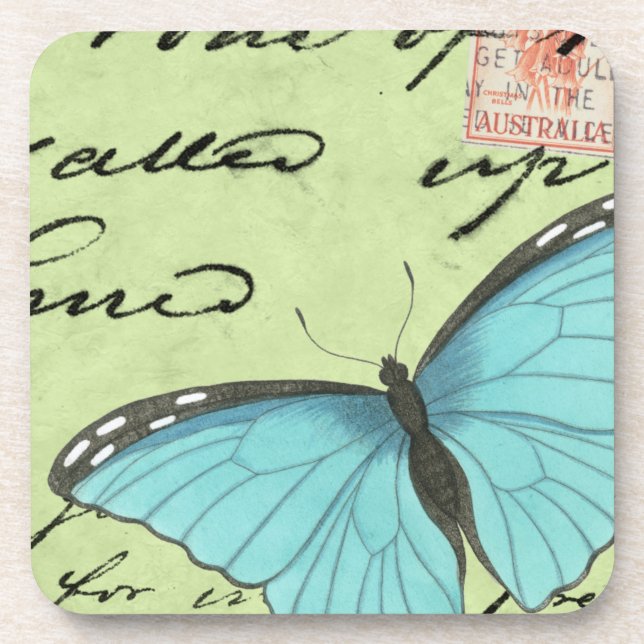 Blue-Winged Butterfly on Teal Postcard Coaster (Front)