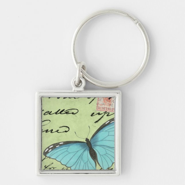 Blue-Winged Butterfly on Teal Postcard Key Ring (Front)