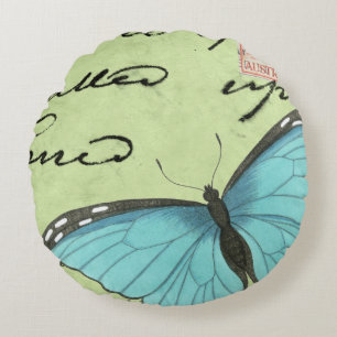Blue-Winged Butterfly on Teal Postcard Round Cushion