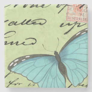 Blue-Winged Butterfly on Teal Postcard Stone Coaster