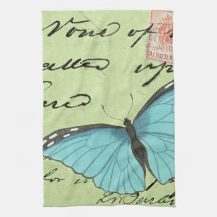 Blue-Winged Butterfly on Teal Postcard Tea Towel