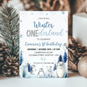 Blue Winter Animals Onederland 1st Birthday Invitation