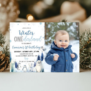 Blue Winter Animals Onederland 1st Birthday Photo  Invitation