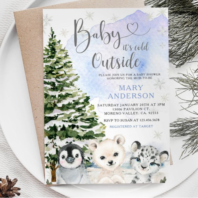 Blue Winter Arctic Animals Pine Tree Baby Shower Invitation (Creator Uploaded)