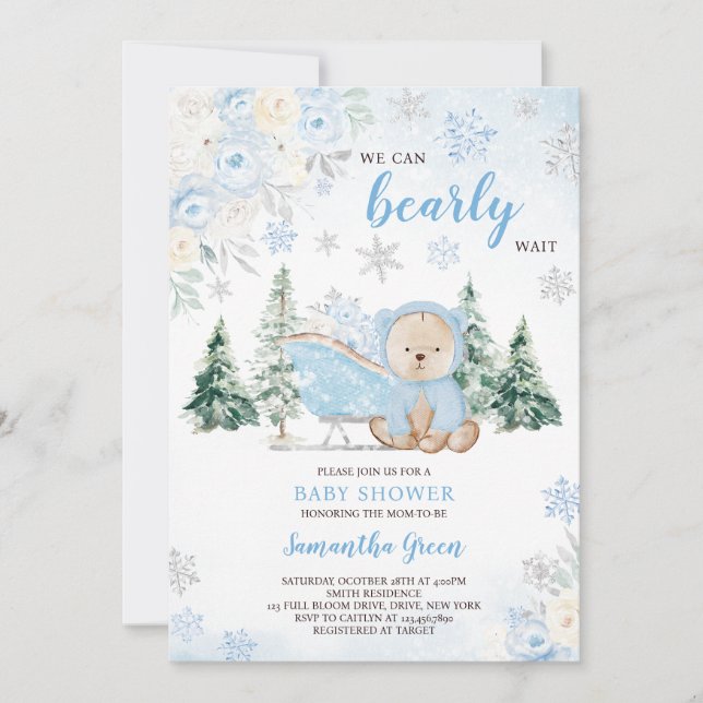 Blue Winter Bear Baby Shower Invitation (Front)