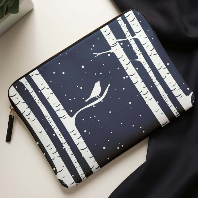 Blue Winter Birch Trees and Bird Laptop Sleeve (Creator Uploaded)