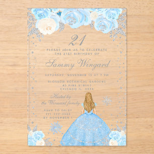 Blue Winter Blonde Hair Princess Birthday Party Acrylic Invitations