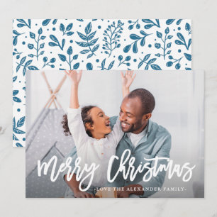 Blue Winter Botanical Merry Christmas Script Photo Holiday Card