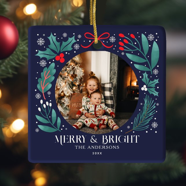 Blue Winter Botanicals Christmas Photo Ceramic Ornament (Creator Uploaded)
