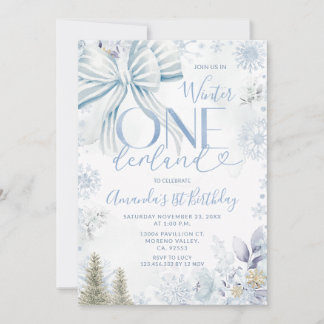 Blue Winter Bow Onederland Snowflake 1st Birthday Invitation
