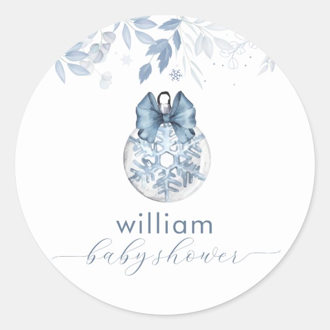Blue Winter Bow Snowflake Ornament Baby Shower  Classic Round Sticker (Front)