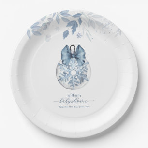 Blue Winter Bow Snowflake Ornament Baby Shower  Paper Plate