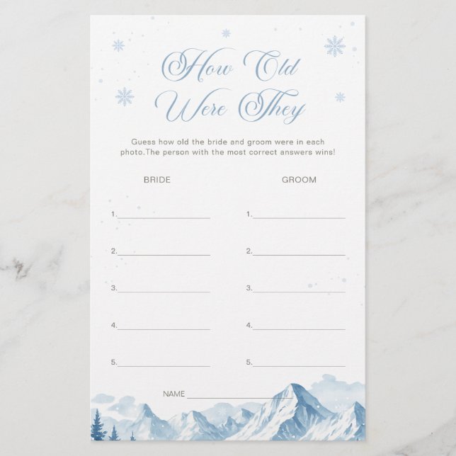 Blue Winter Bridal Shower How Old Were They Game (Front)