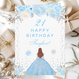 Blue Winter Brown Hair Princess Birthday Party Card