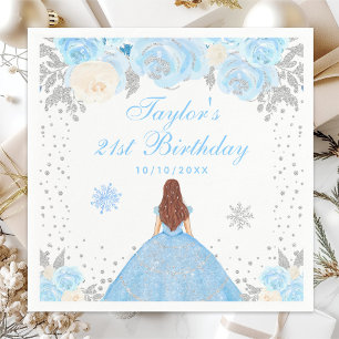 Blue Winter Brown Hair Princess Birthday Party Napkin