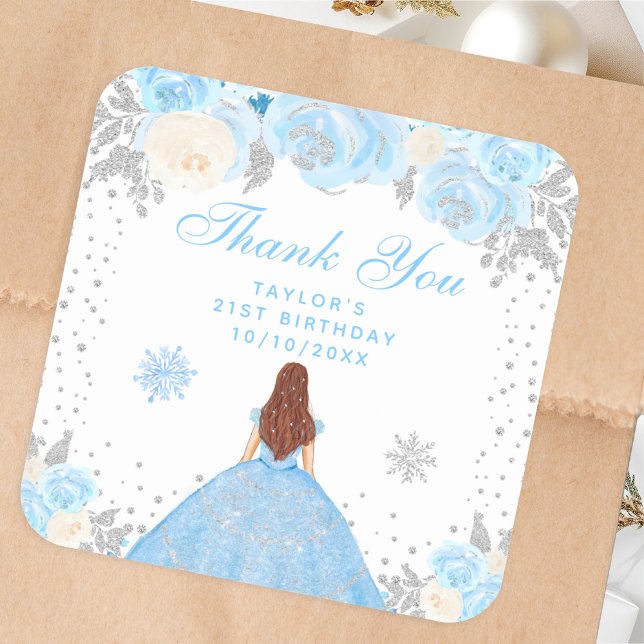 Blue Winter Brown Hair Princess Birthday Party Square Sticker (Creator Uploaded)