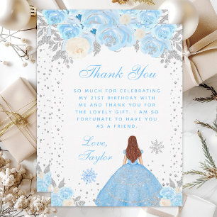 Blue Winter Brown Hair Princess Birthday Party Thank You Card