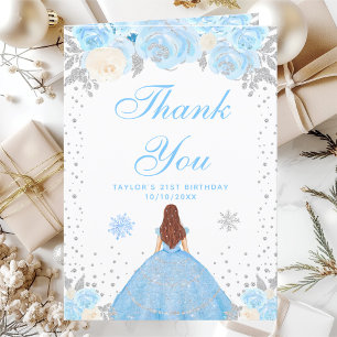 Blue Winter Brown Hair Princess Birthday Party Thank You Card
