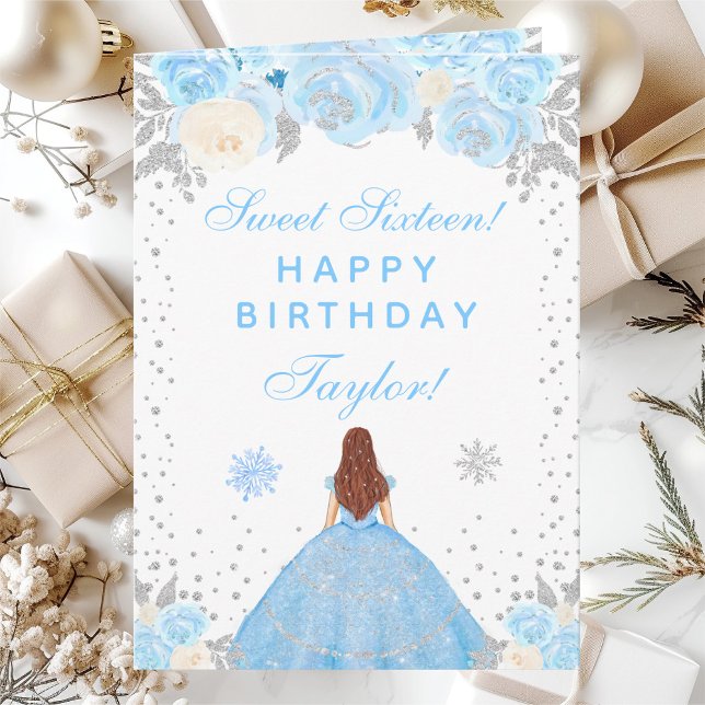 Blue Winter Brown Hair Princess Sweet Sixteen Card (Creator Uploaded)