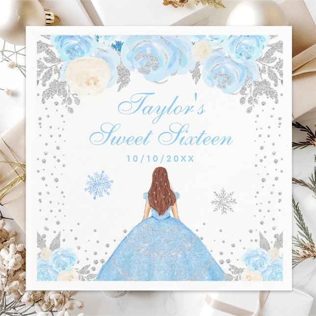 Blue Winter Brown Hair Princess Sweet Sixteen Napkin (Creator Uploaded)